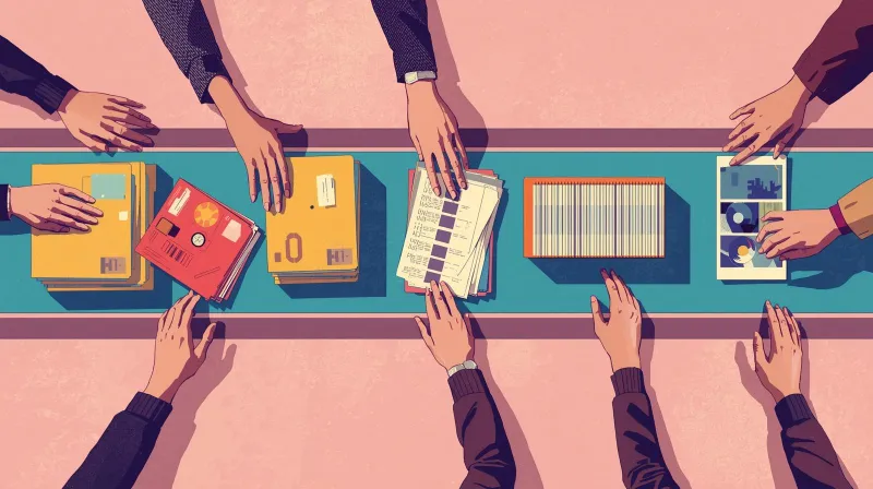 Hands assembling press kits at a table with documents, devices, and media materials