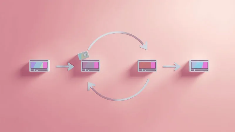 Website build-and-abandon cycle showing monitors in a repeating loop of launch, neglect, and rebuild