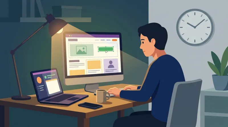 A web developer working urgently at a computer to publish a campaign page, with a wall clock showing the pressure of a tight deadline