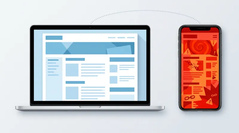 A laptop and a smartphone side by side showing different versions of the same website, one normal and one redirected to a spam page