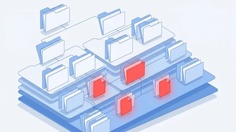 Layers of website files and folders with small red infected elements hidden deep within the clean file structure