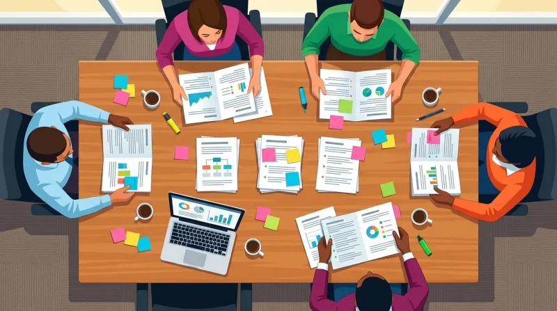 Overhead view of a selection committee reviewing and comparing multiple website RFP proposals spread across a conference table