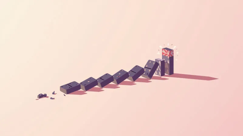 Falling dominoes cascading toward broken website icon showing WordPress maintenance failure risks