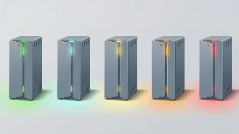 A row of server towers with glowing status lights from green to red, representing the range of WordPress TTFB performance levels.