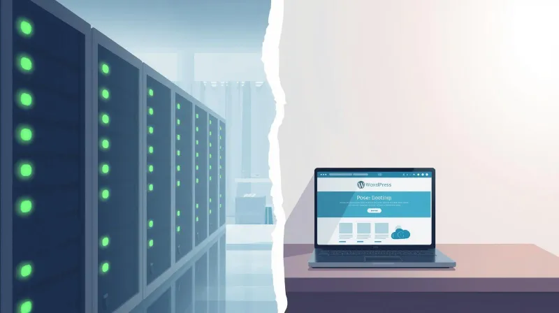 A server rack alongside a laptop showing a WordPress website, illustrating the gap between hosting infrastructure and WordPress support