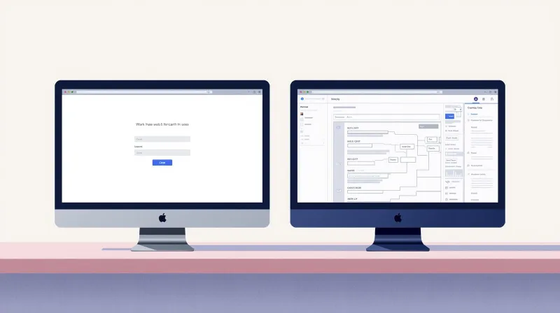 A laptop screen showing a simple contact form beside a desktop monitor displaying a complex multi-step form with branching paths, reflecting how WordPress form plugin needs grow over time