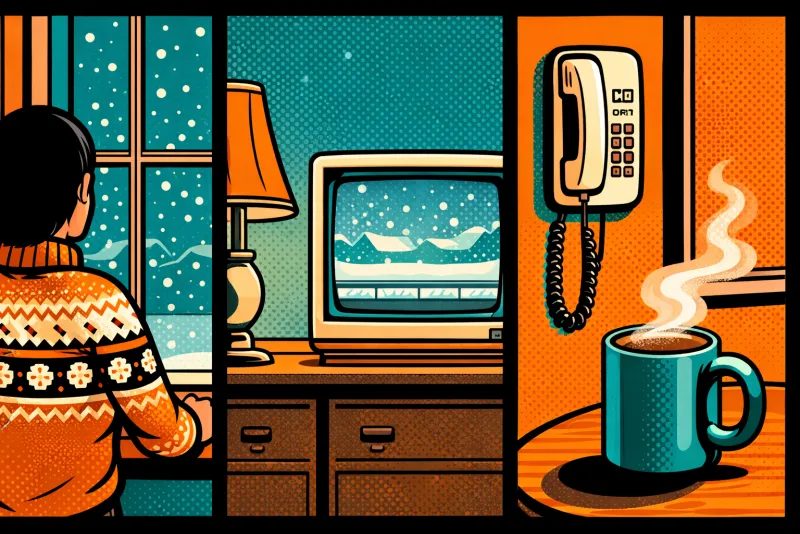 Person watching snow fall outside window with vintage TV showing weather, rotary wall phone, and steaming cup of cocoa in 1990s home