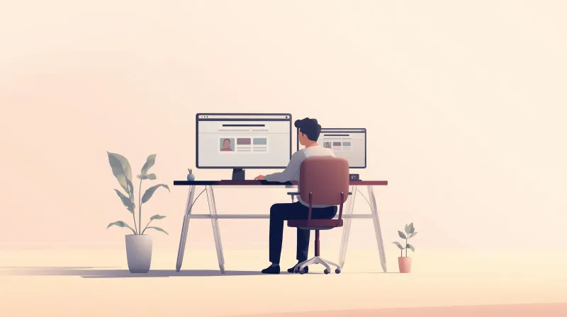 A developer working on a staging website build on a large monitor in a clean workspace as part of a site migration process