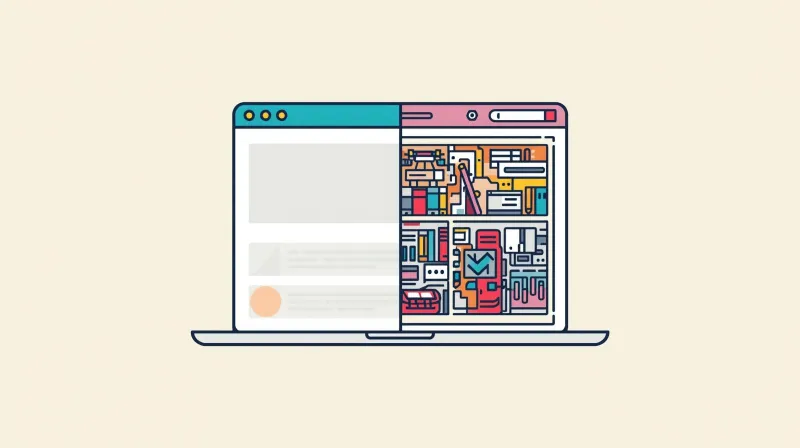 Website with polished frontend interface hiding complex disorganized code structure beneath the surface