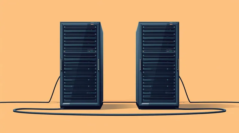 Two identical server racks connected by cables providing redundant web hosting infrastructure