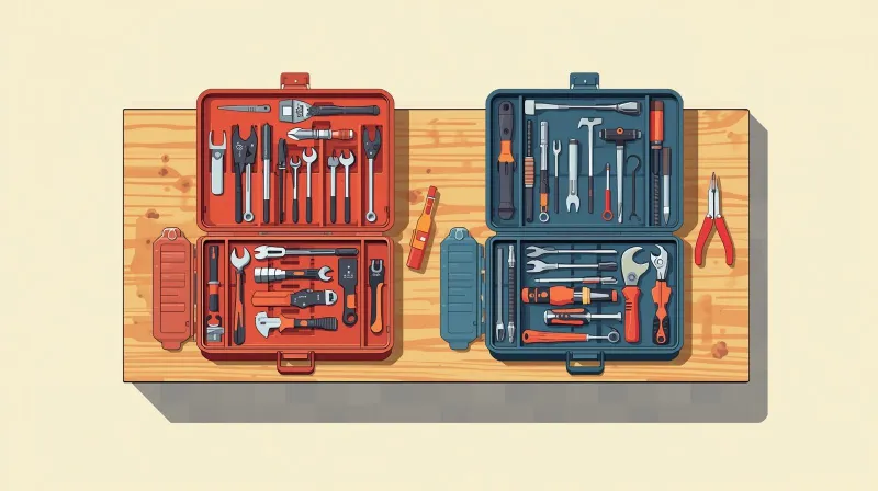 Two different toolkits side by side on a workbench representing LearnDash vs LifterLMS feature comparison