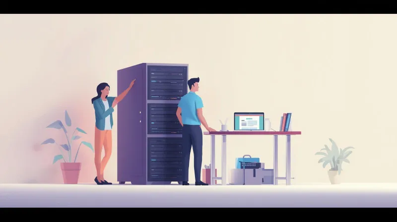 A single technician managing both a server rack and a laptop with a website, representing unified hosting and WordPress support under one provider