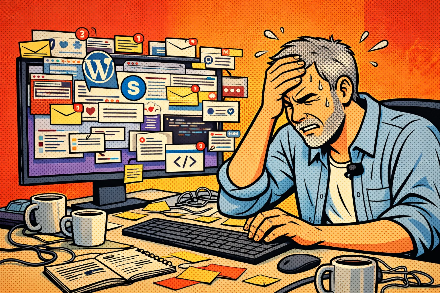A stressed developer overwhelmed by dozens of browser tabs and terminal windows