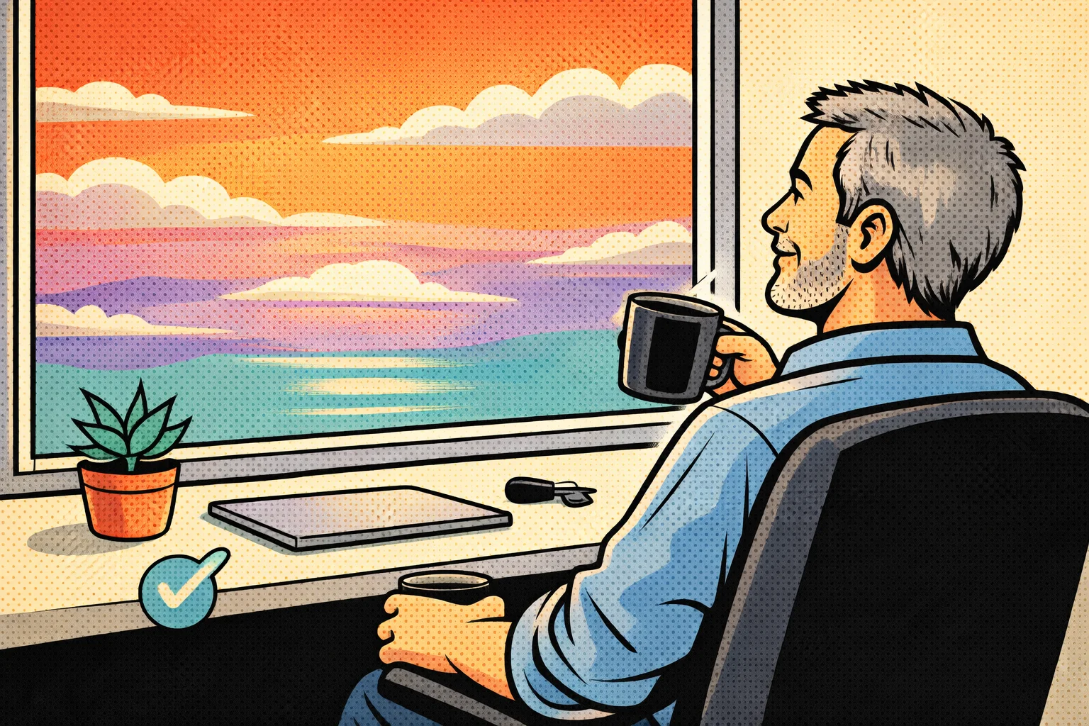 A relaxed developer looking out the window, laptop closed, work complete