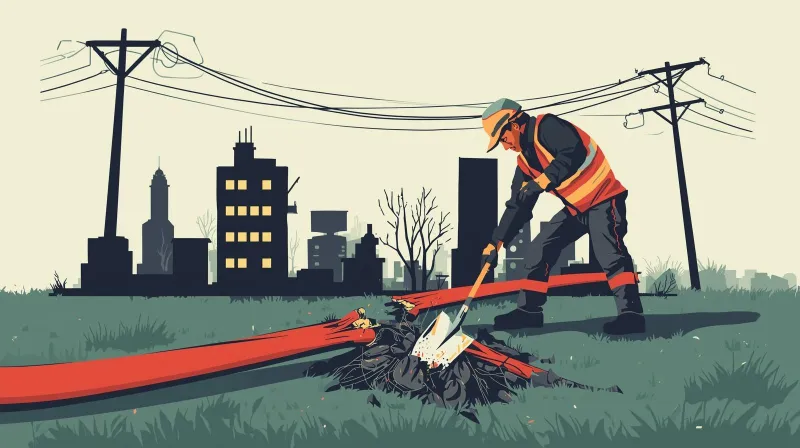 Utility worker accidentally cutting fiber optic internet cable while digging near city buildings