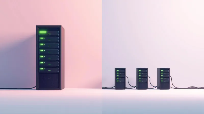 One large server rack compared to three smaller connected server racks, illustrating vertical versus horizontal WordPress scaling