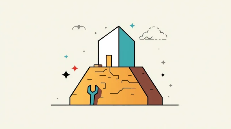 Modern building on a foundation platform with maintenance tools symbolizing website as infrastructure