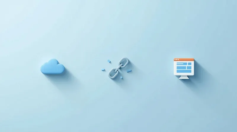 Cloud icon, broken chain link, and website monitor showing common WordPress downtime causes