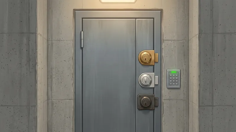 A heavy reinforced door with multiple distinct deadbolt locks and a keypad entry system, representing layered WordPress security