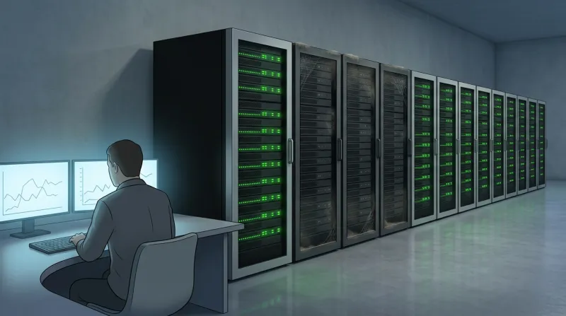 A monitoring room with rows of server racks where several units have gone dark and dusty while others remain active with green indicator lights
