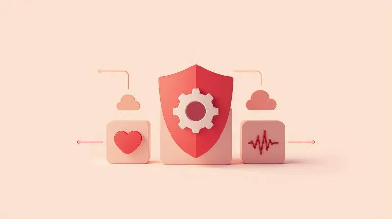 Shield with gear icon flanked by heart and monitoring pulse icons showing daily WordPress care activities