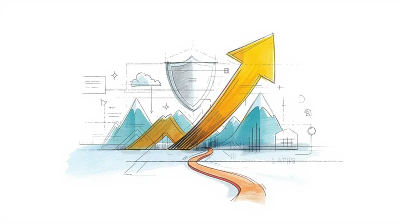 Growth arrow path leading upward with shield security icon and architectural blueprints representing mission-critical WordPress sites