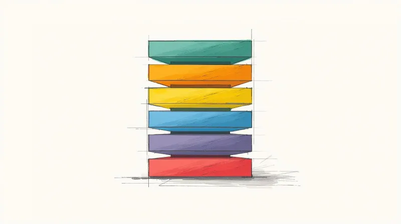 Colorful layered stack showing six WordPress performance layers from server hardware foundation to frontend assets