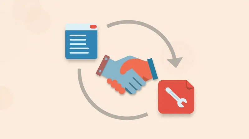 Handshake connecting website icon and wrench tool in a continuous cycle representing WordPress retainer partnership