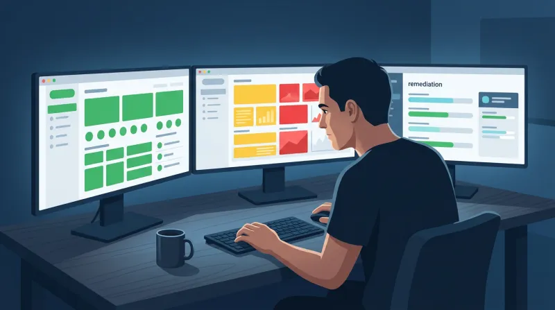 A security professional at a multi-screen command center coordinating incident response across a fleet of WordPress websites