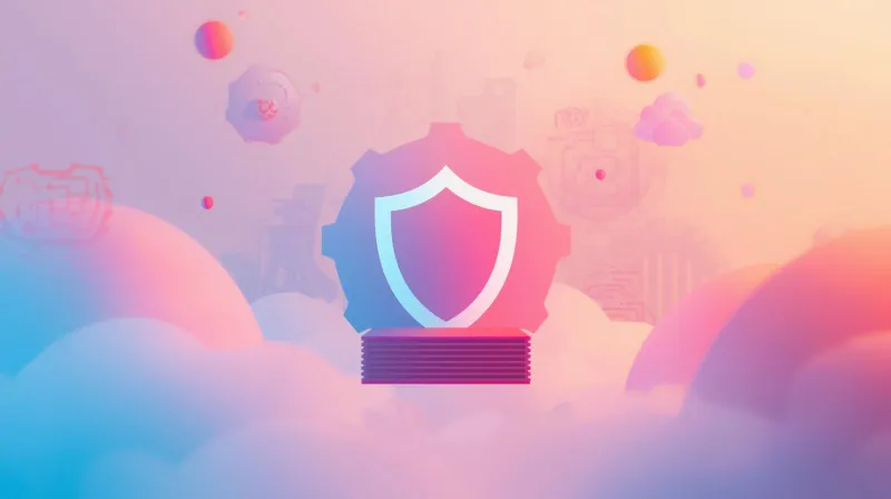 Security shield on gear platform surrounded by clouds representing proactive WordPress site protection