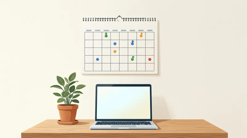 A desk calendar next to a laptop showing website maintenance scheduling for WordPress updates