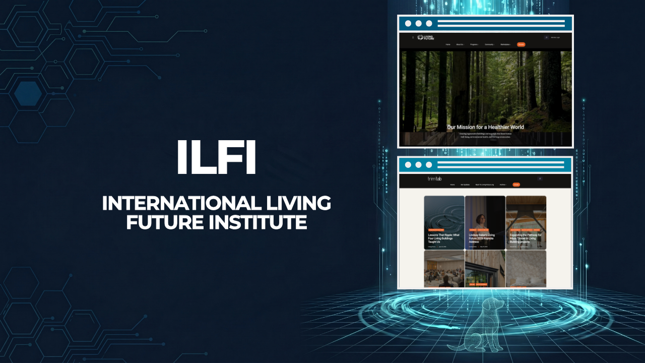 ILFI case study graphic showing the Living Future main site and the Trim Tab magazine
