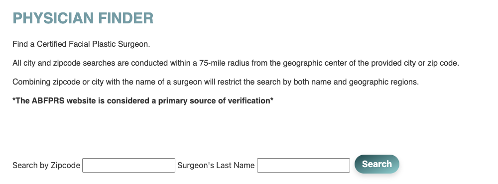 The ABFPRS Physician Finder page with its zip code and surname search