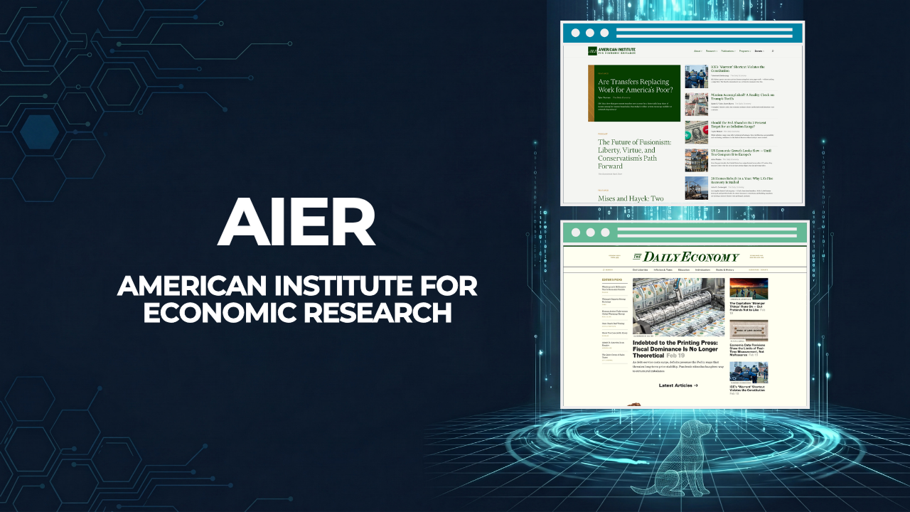 AIER case study graphic showing the institute's main site and The Daily Economy