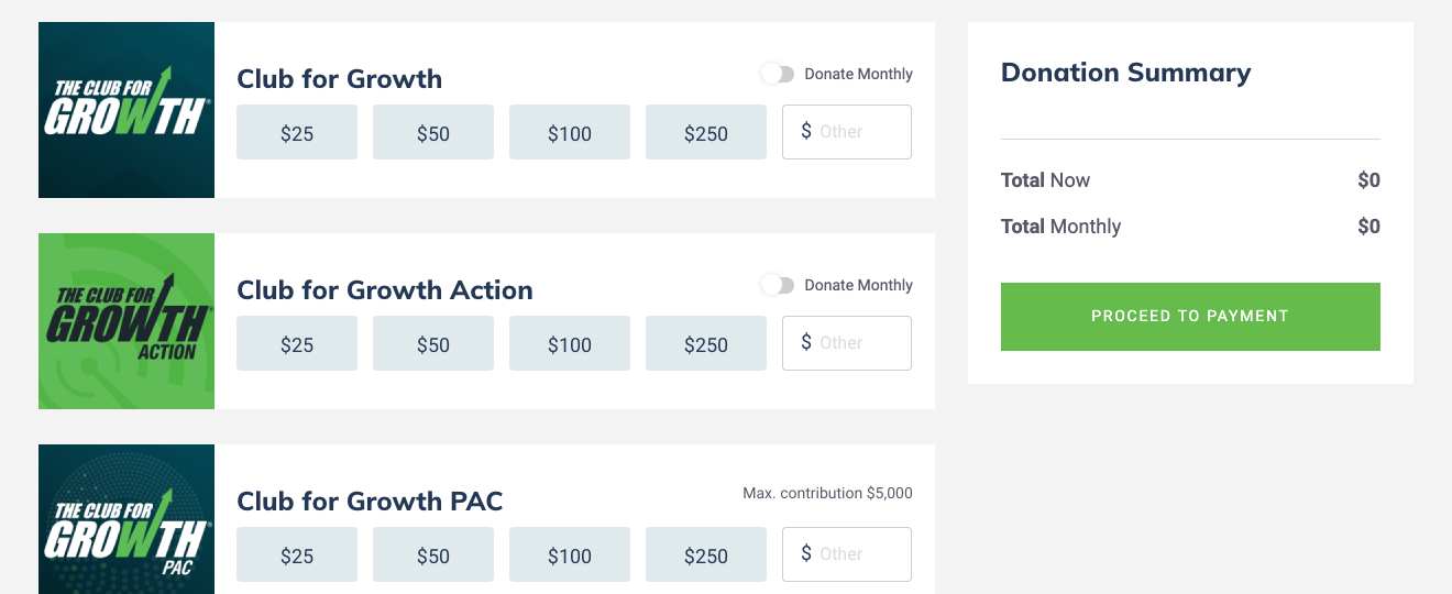 The Club for Growth donation page with a giving option for each entity and a running donation summary