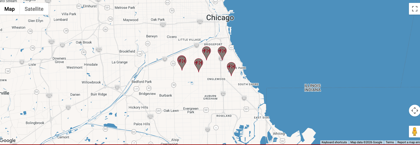A map of Chicago with a marker for each of the health center's clinics
