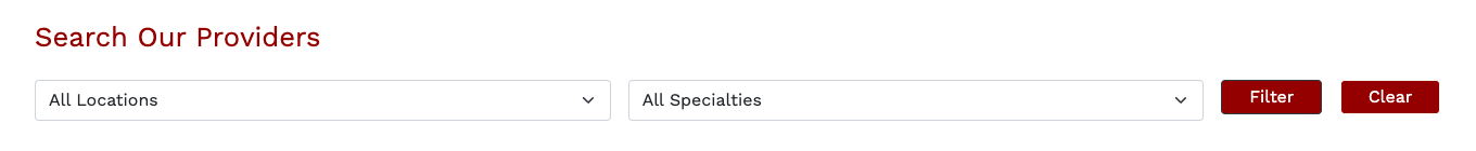 The provider search on the health center's website, with one menu for location and one for specialty