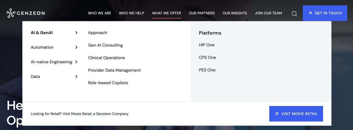 The Genzeon navigation menu open on one section, showing a panel of grouped links