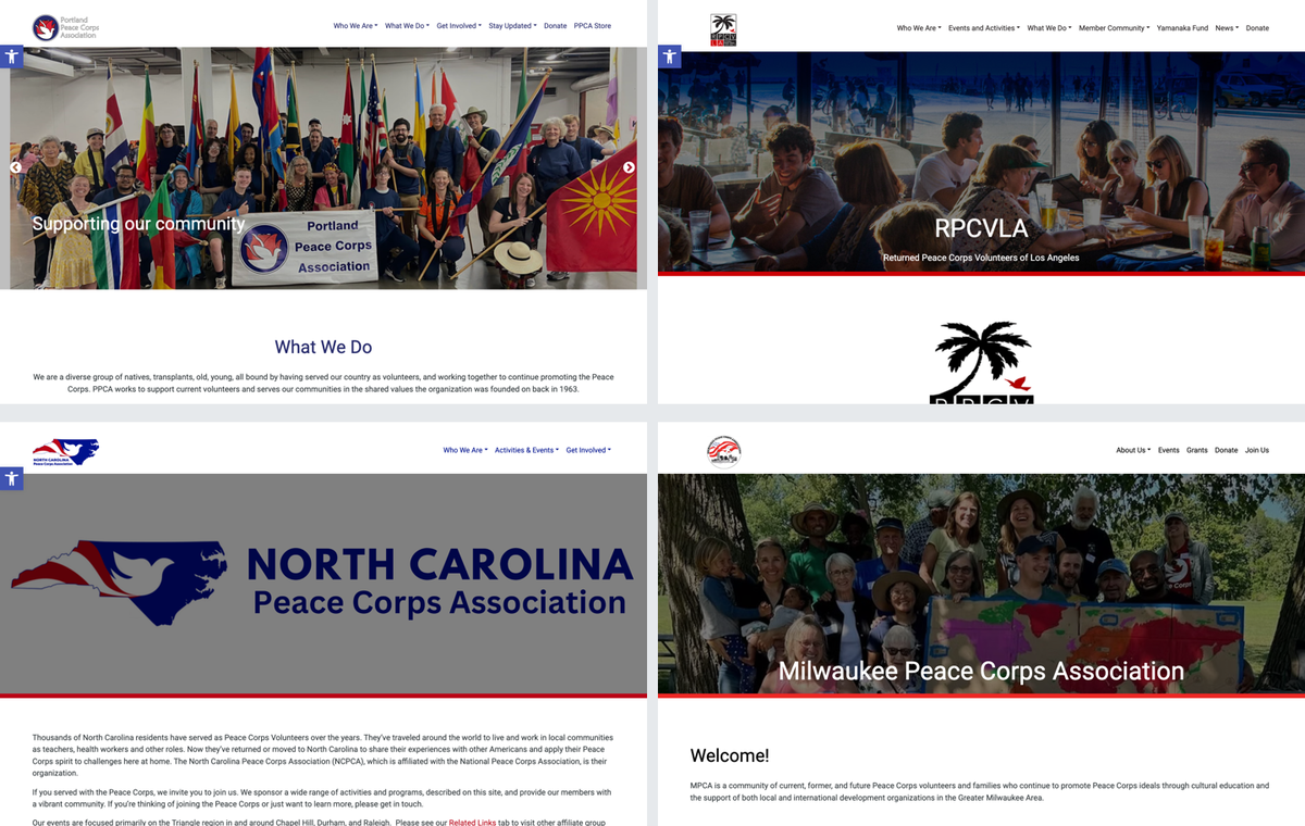 Four National Peace Corps Association chapter home pages side by side, each with its own logo, colors, and photos on the same layout