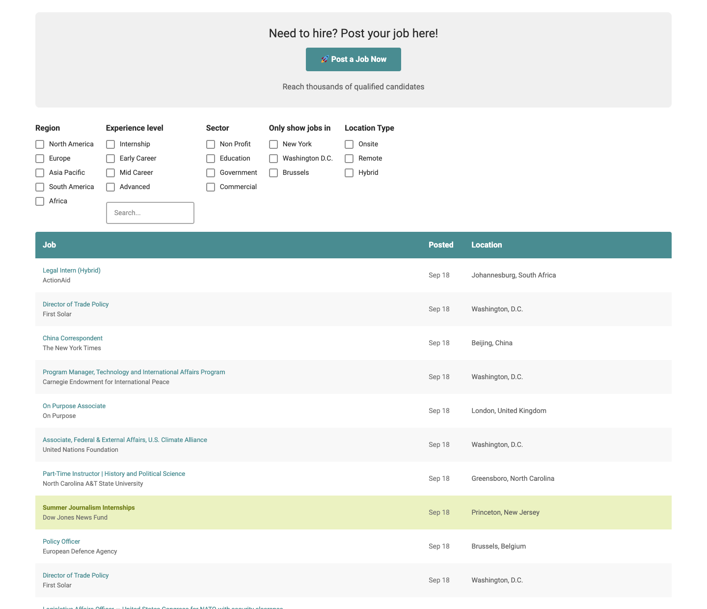 The NPCA job board with filters for region, experience level, sector, and location above a list of current openings