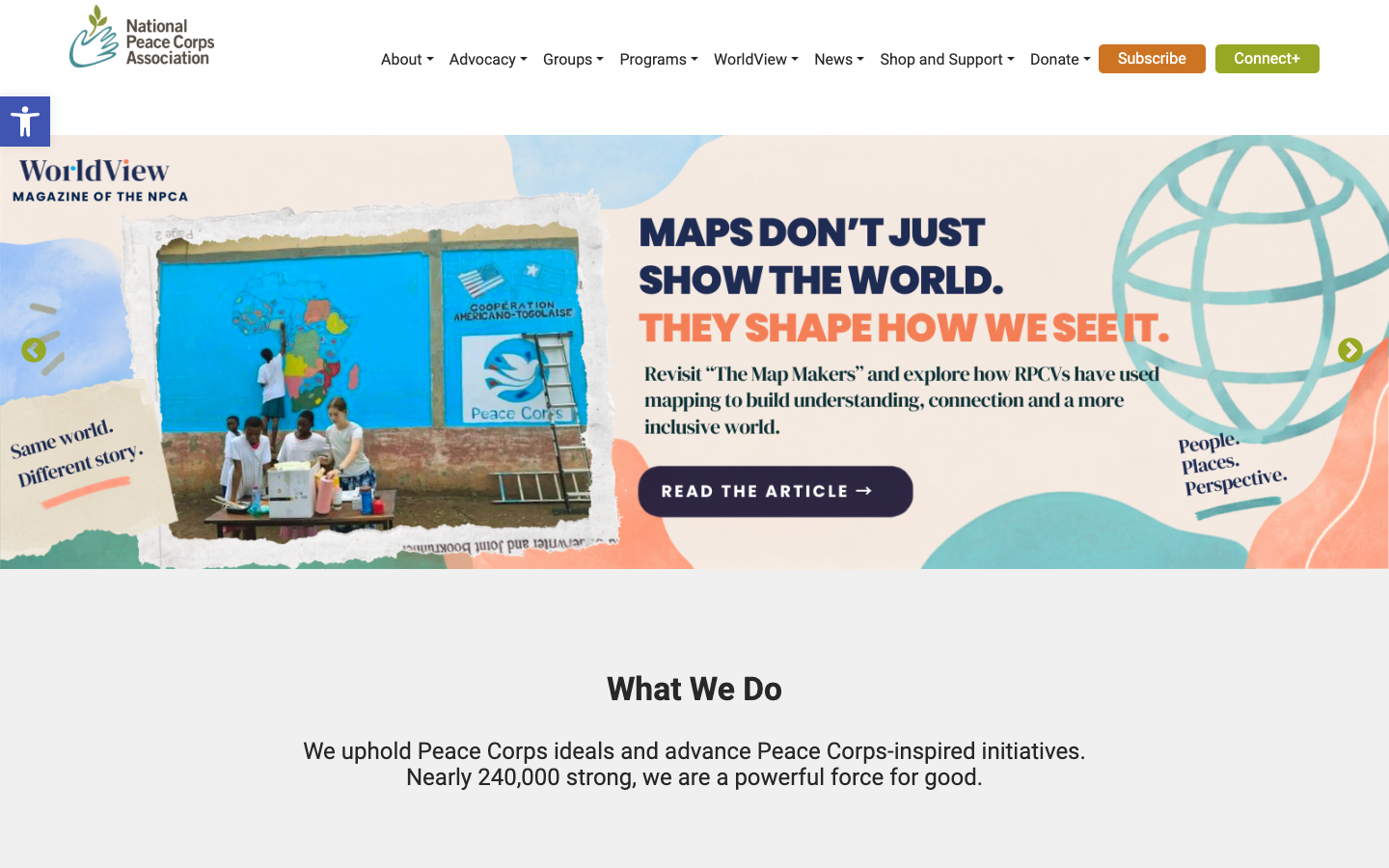 The National Peace Corps Association home page with its main navigation and a featured magazine story