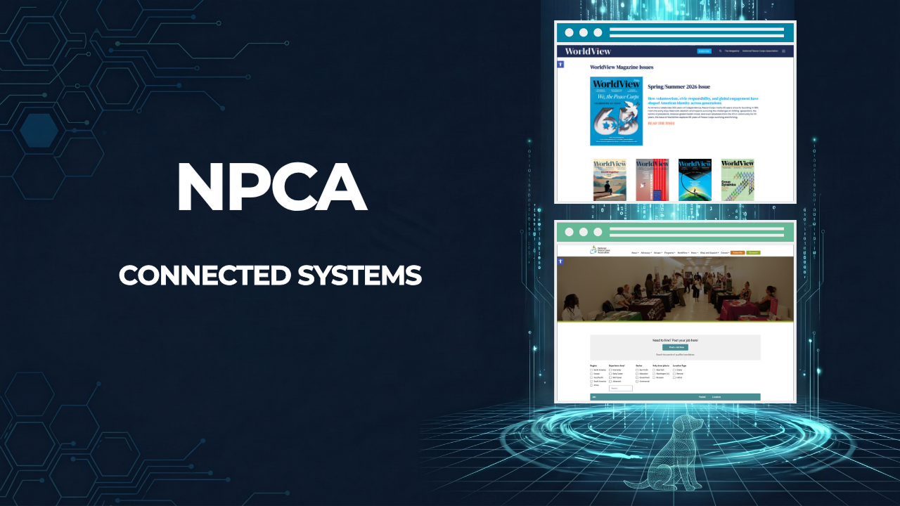 NPCA, Connected Systems, beside screenshots of the WorldView magazine page and the job board