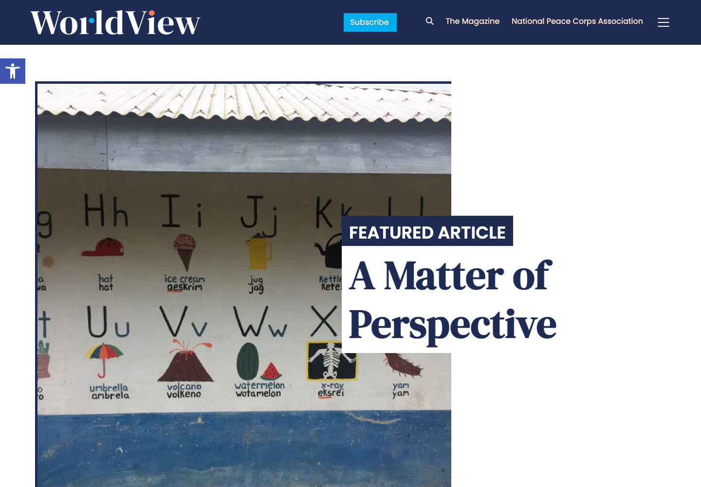 The WorldView magazine home page with its own masthead and a featured article